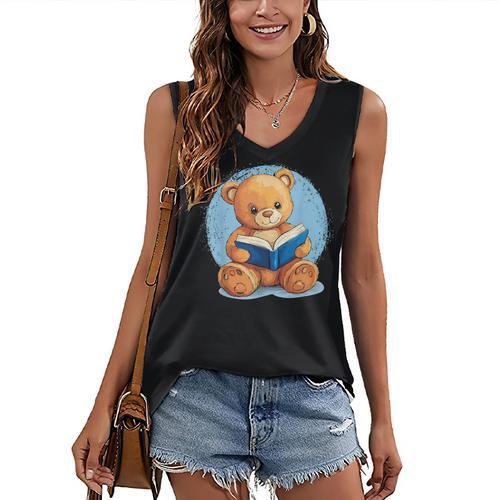 Cute Teddy Bear Reading Book Fun Women's V-Neck Tank Top - Bookorys CA
