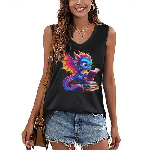 Dragon Reading a Book Bookworm Book Lover Women's V-Neck Tank Top - Bookorys AU