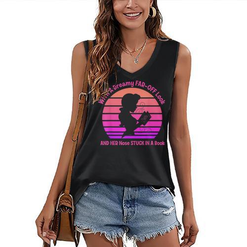 With A Dreamy Far-Off Look And Her Nose Stuck In A Book Women's V-Neck Tank Top - Bookorys