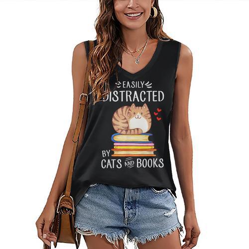 Easily Distracted By Cats And Books Reading Lover Bookish Women's V-Neck Tank Top - Bookorys AU