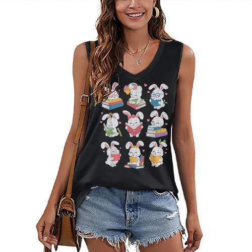Easter Teacher Cute Bunny Reding Books Librarian Bookworm Women's V-Neck Tank Top - Bookorys