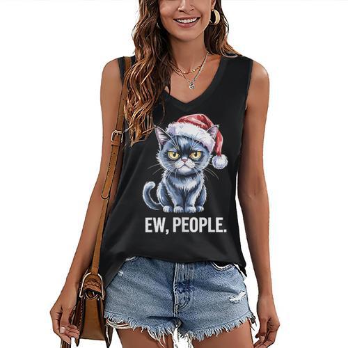 Ew People Christmas Cat Santa Hat Dad Introvert Women's V-Neck Tank Top - Raresse