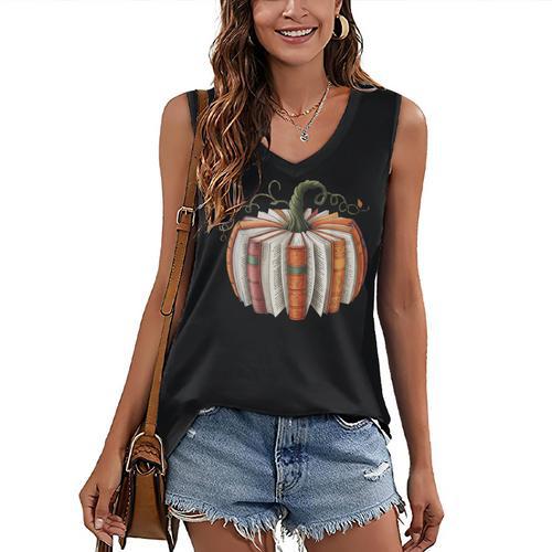 Fall Book Pumpkin Halloween Teacher Librarian Thanksgiving Women's V-Neck Tank Top - Bookorys