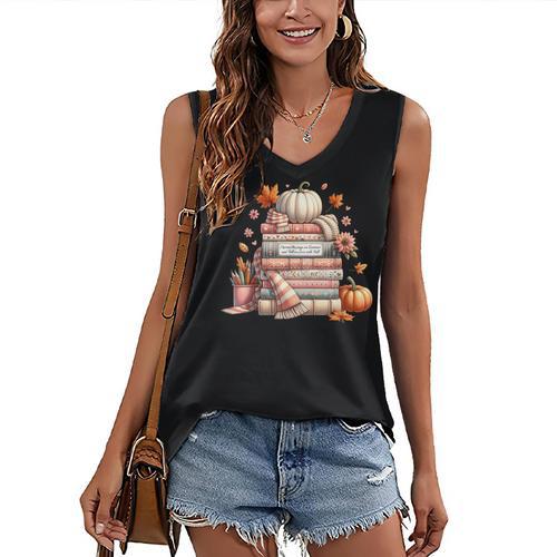 Fall Colors s I Love Fall s Books & Pumpkins Women's V-Neck Tank Top - Bookorys