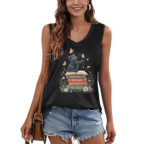 Fantasy Drama Tragedy Reading Lover Book Cat Humor Women's V-Neck Tank Top - Bookorys CA