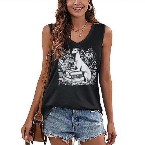Floral Cottagecore Greyhound Dog Breed Flower Book Reader Women's V-Neck Tank Top - Bookorys DE