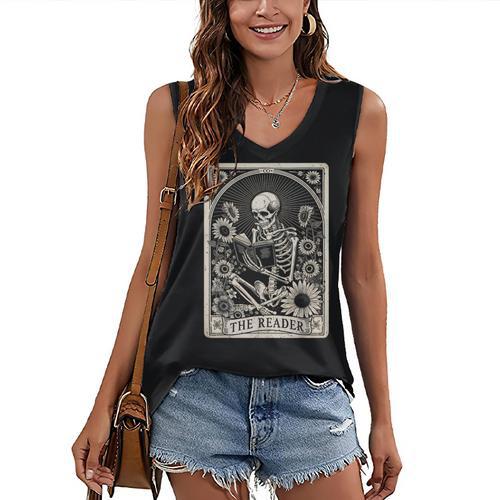 Floral The Reader Tarot Card Skeleton Reading Book Women's V-Neck Tank Top - Bookorys CA