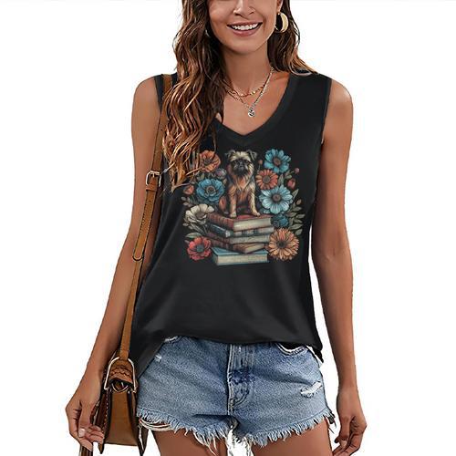 Flower Book Reader Brussels Griffon Floral Cottagecore Women's V-Neck Tank Top - Bookorys UK