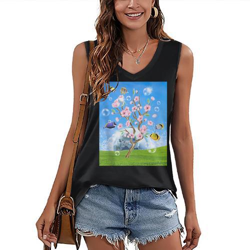Frutiger Aero Aesthetic Tech Cherry Blossom Fishes Bubbles Women's V-Neck Tank Top - Figerry