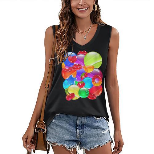 Frutiger Aero Aesthetic Tech Orb Pattern Heart Cherry Lips Women's V-Neck Tank Top - Figerry
