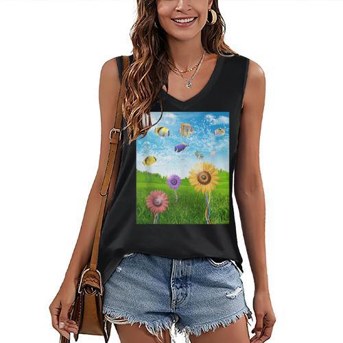 Frutiger Aero Aesthetic Tech Scenery Fishes Sunflower Women's V-Neck Tank Top - Figerry