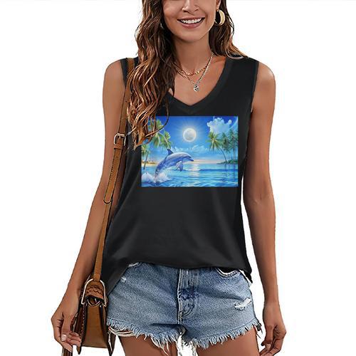 Frutiger Aero Dolphin Sunset Ocean With Palm Trees Y2k Women's V-Neck Tank Top - Figerry