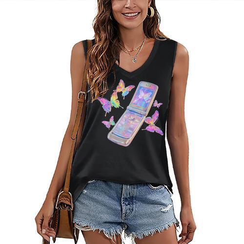 Frutiger Aero Y2K Chrome Phone Butterfly Women's V-Neck Tank Top - Figerry