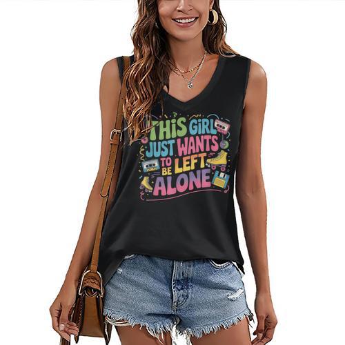 This Girl Just Wants To Be Left Alone Retro Nostalgia Women's V-Neck Tank Top - Figerry