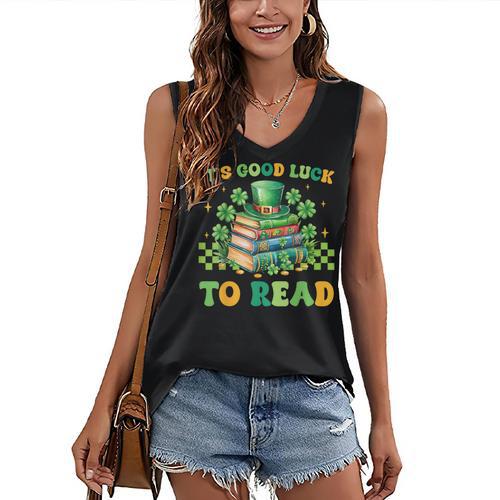 Goods Luck Read Librarian Book Patrick Days Shamrock Clover Women's V-Neck Tank Top - Bookorys