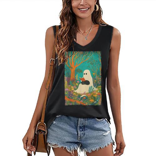 Groovy Ghost Reading Book Cat Halloween Ghost Teacher Women's V-Neck Tank Top - Bookorys AU
