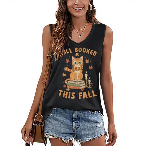 Halloween Fully Booked This Fall Book Ginger Cat Reading Women's V-Neck Tank Top - Bookorys