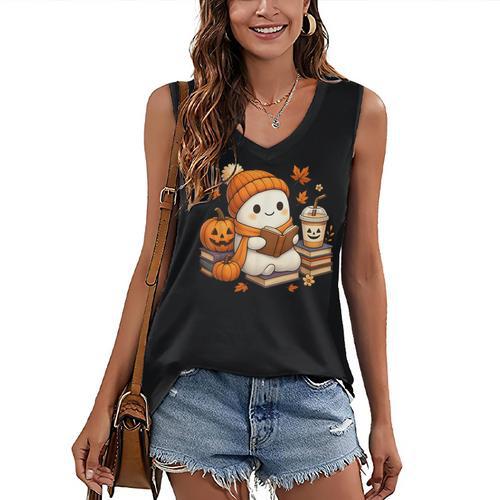 Halloween Ghost Reading Book Lovers Coffee Girl Women Women's V-Neck Tank Top - Bookorys DE