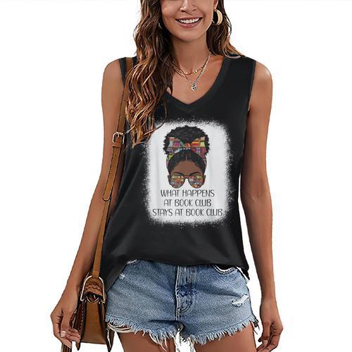 What Happens At Book Club Stays At Book Club Black Women Women's V-Neck Tank Top - Bookorys CA