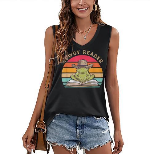 Howdy Reader Frog Reading Book Vintage Women's V-Neck Tank Top - Bookorys