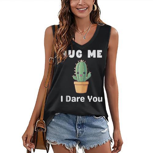 Hug Me I Dare You Introvert Cactus Tee Women's V-Neck Tank Top - Raresse