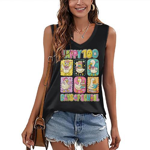 HUGvyn Happy 100 Days Of School Teacher Goose Preppy Books Women's V-Neck Tank Top - Bookorys CA