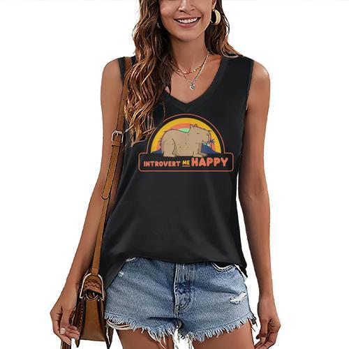 Introvert Me Happy Retro Sunset Capybara Tee Women's V-Neck Tank Top - Raresse