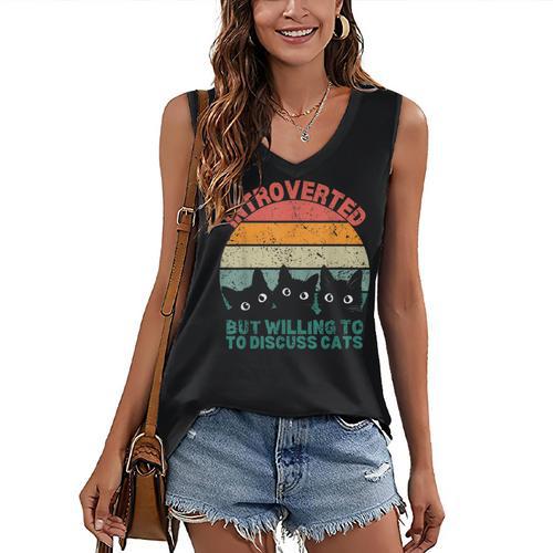 Introverted But Willing To Discuss Cats Women's V-Neck Tank Top - Raresse