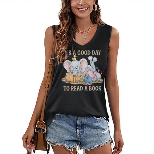 Its A Good Day To Read A Book Cute Pig & Elephant Adventure Women's V-Neck Tank Top - Bookorys