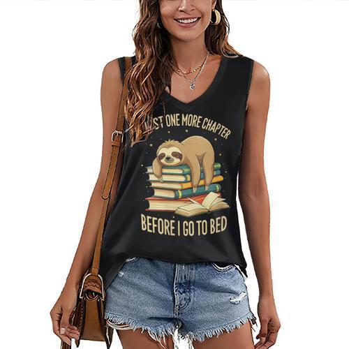 Just One More Chapter Sloth Sleeping On Books Reading Women's V-Neck Tank Top - Bookorys