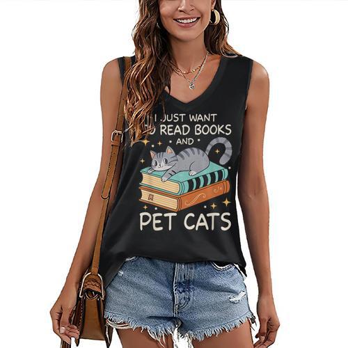 I Just Want To Read Books And Pet Cats Bookish Bookworm Women's V-Neck Tank Top - Bookorys AU