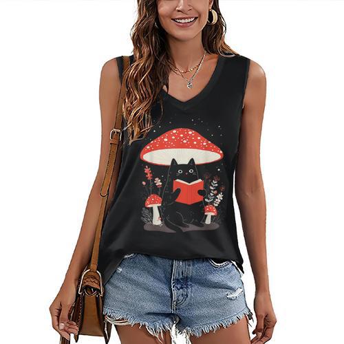 Kawaii Cottagecore Mushroom Cat Reading a Book Women's V-Neck Tank Top - Bookorys