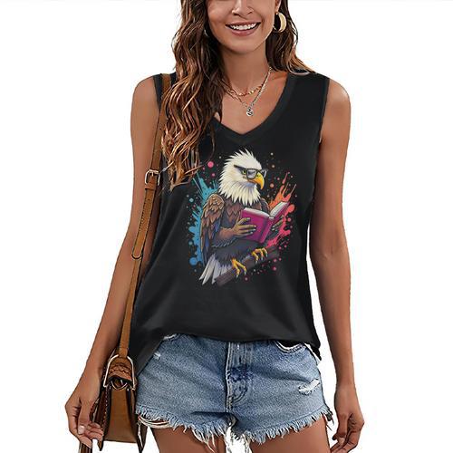 Kawaii Eagle Reads Book Reading Library Book Bookworm Women's V-Neck Tank Top - Bookorys CA
