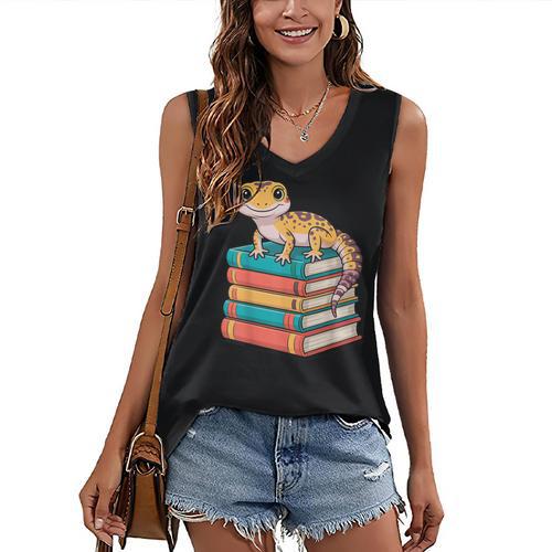 Leopard Gecko Book Lover Reading Women's V-Neck Tank Top - Bookorys