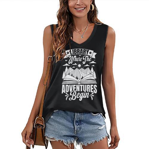 Library Where The Adventures Begin Librarian Book Readers Women's V-Neck Tank Top - Bookorys