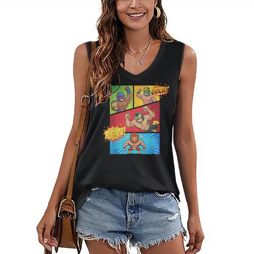 Lucha Libre Comic Book Mexican Wrestling Cartoon Wrestler Women's V-Neck Tank Top - Bookorys CA