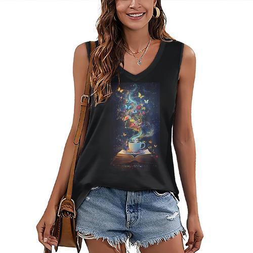 Magical Book Floral Coffee Books Nature Fantasy Women's V-Neck Tank Top - Bookorys