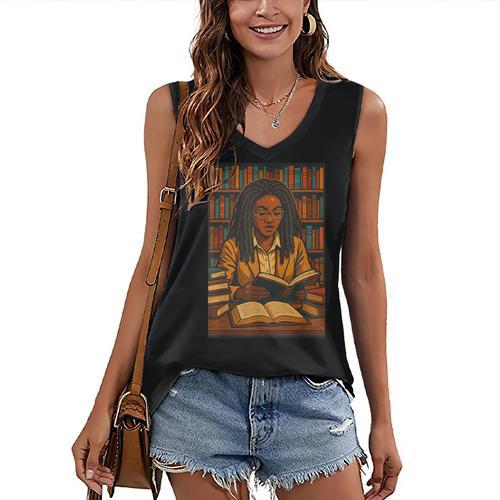 Melanin Girl Locs Book Lover Librarian Teacher Student Women's V-Neck Tank Top - Bookorys CA