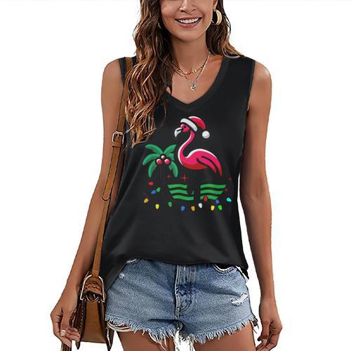 Nostalgia Holiday Tees -Adult Christmas Flamingo Small Short Sleeve Crew Neck Cotton Polyester Lightweight Ribbed Cuff Winter Women's V-Neck Tank Top - Figerry