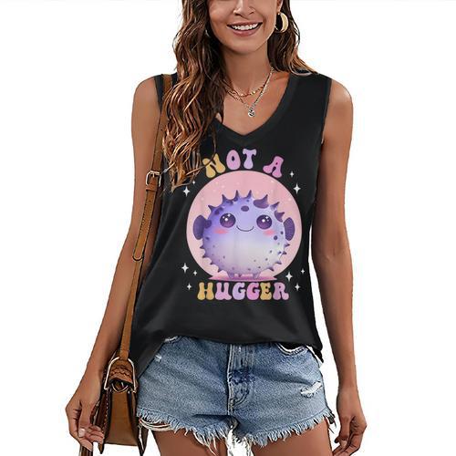 Not a Hugger Cute Pufferfish Autism Awareness Introverts Women's V-Neck Tank Top - Raresse