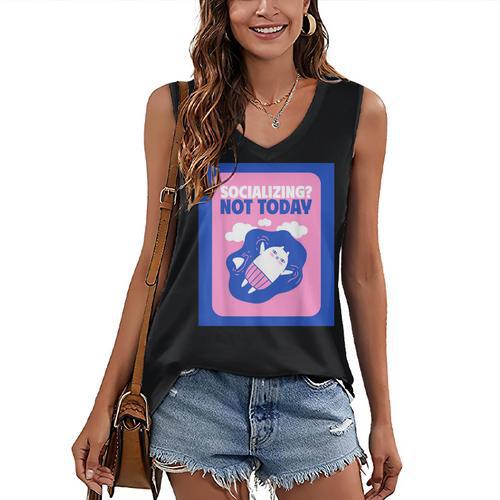 Not Today Cool Fun Cute Introvert Cat Character Women's V-Neck Tank Top - Raresse