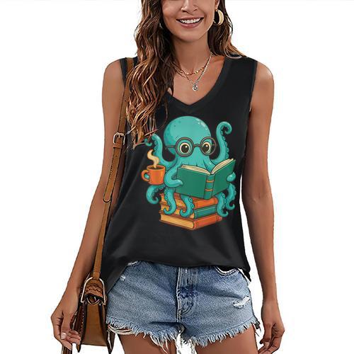 Octopus Reading Book Reading Bookworm Reader Women's V-Neck Tank Top - Bookorys