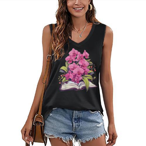 Orchids Flowers Book Floral Women's V-Neck Tank Top - Bookorys CA