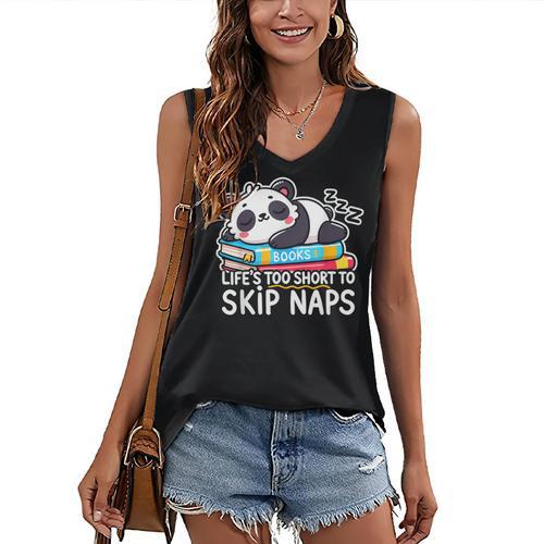 Panda Napping On Books Life’s Too Short To Skip Naps Women's V-Neck Tank Top - Bookorys CA