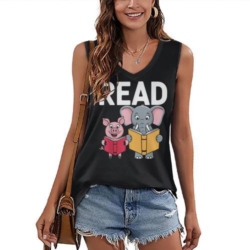 Pig Elephant Reading Cute Book Lover Bookworm Boys Girls Kid Women's V-Neck Tank Top - Bookorys
