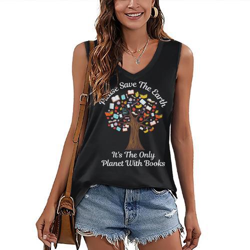 Please Save The Earth It's The Only Planet With Books Women's V-Neck Tank Top - Bookorys