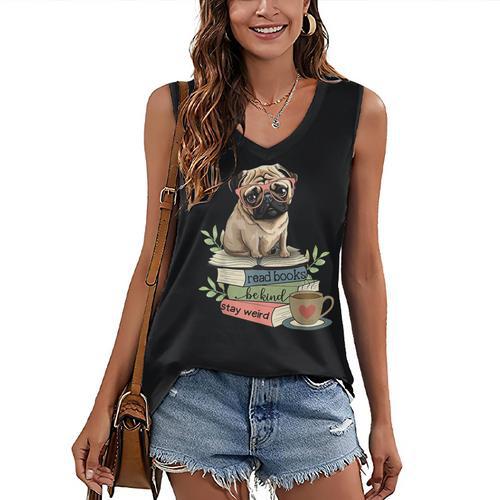 Pug Dog Reading Book Coffee Read Books Be Kind Stay Weird Women's V-Neck Tank Top - Bookorys