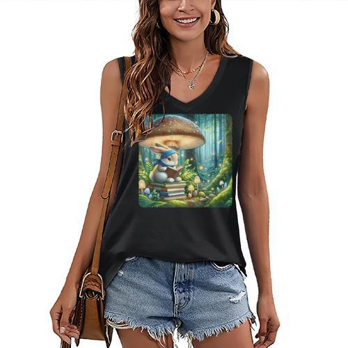 Rabbit Reading Book Under Large Mushroom Easter Bandana Women's V-Neck Tank Top - Bookorys CA