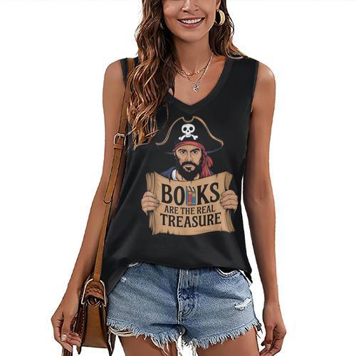 Read Book Reader Library Reading Librarian Pirate Bookworm Women's V-Neck Tank Top - Bookorys