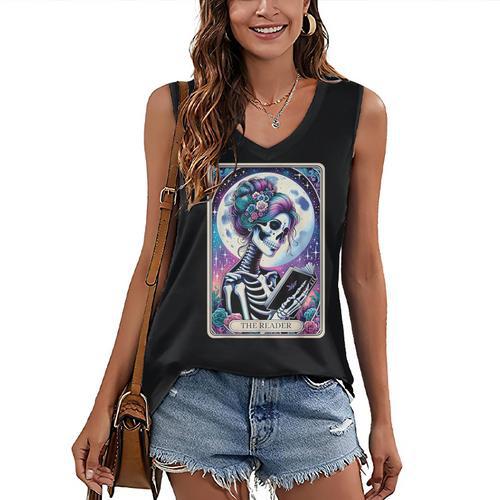 The Reader Tarot Card Reading Skeleton Skull Book Lover Women's V-Neck Tank Top - Bookorys